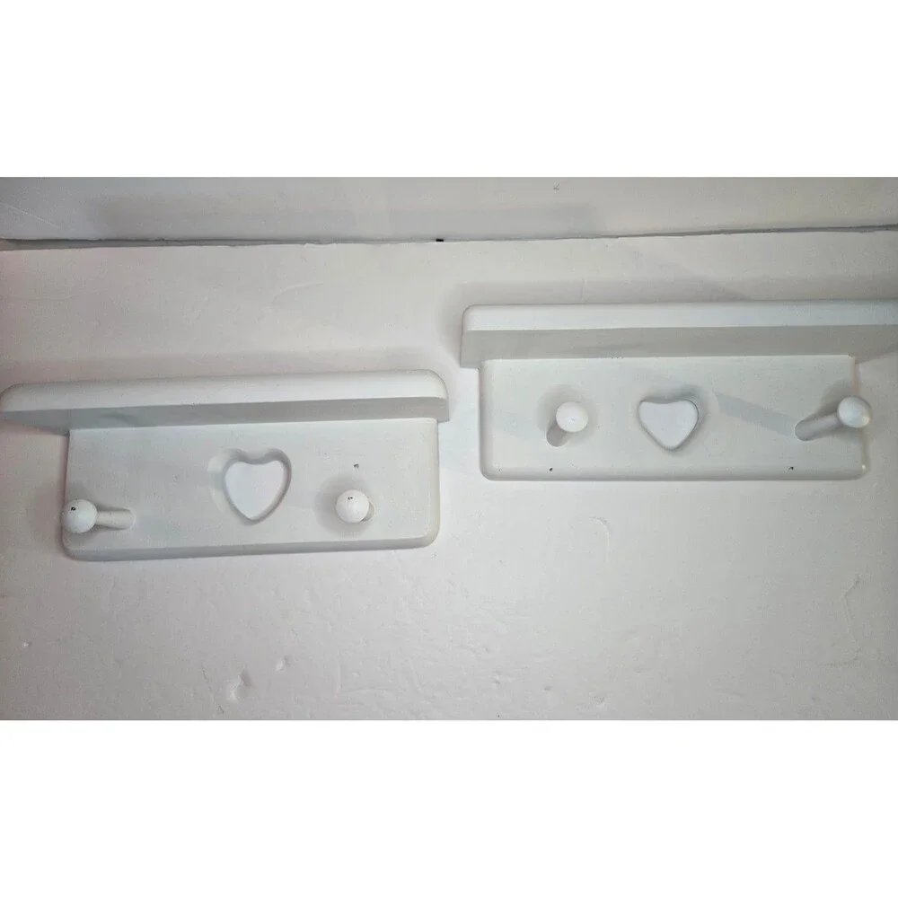 White Shelves w Heart Cutouts and Hooks Wire Hanging Slight Chips imperfections